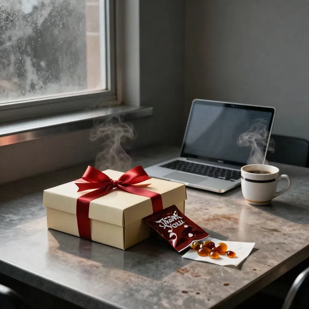 Dankjewel box voor collega naast laptop en koffiekop, open met snoepzakje.