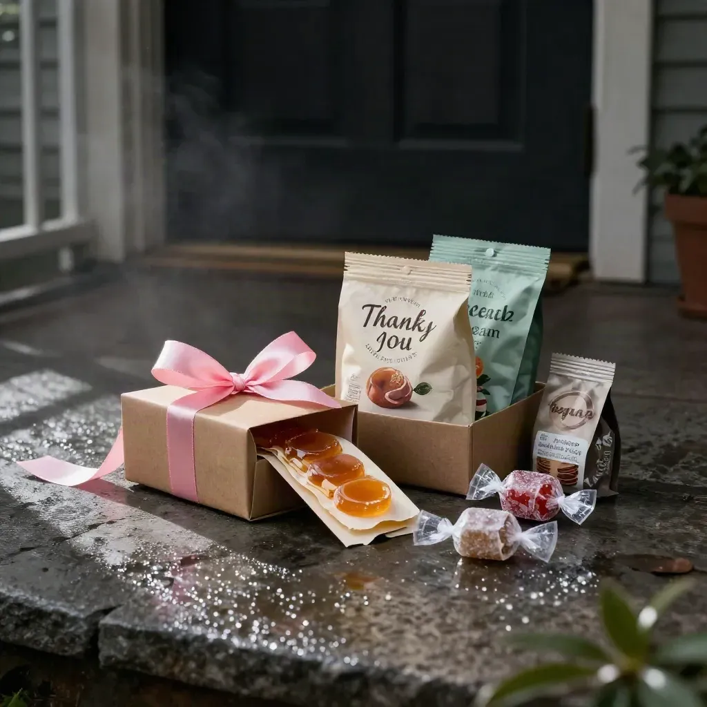 Snoepcadeauboxen op natte stenen porch in schemerlicht met regenmist