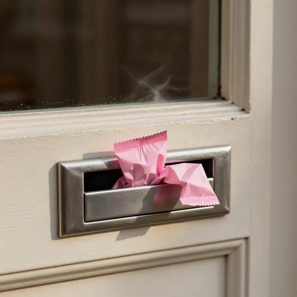 Brievenbus met half ingevoerd snoeppakket en roze tissue in zacht ochtendlicht.