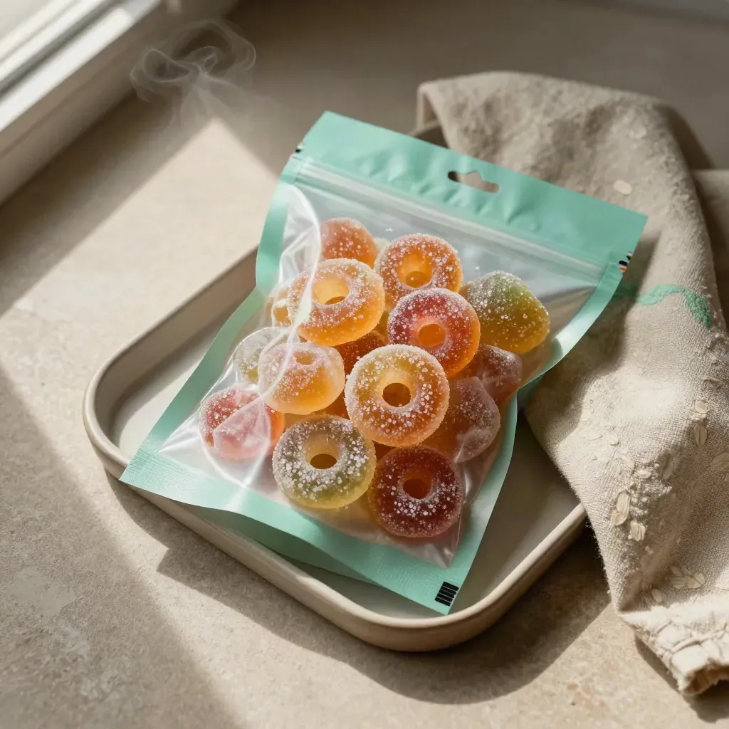 Halal snoepzak met gummies en zure ringen op een stenen schaal bij linnen doek.