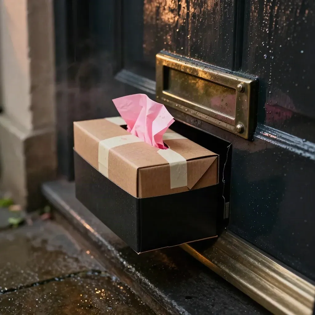 Brievenbusbox half door de gleuf, met roze vloeipapier bij een donkere voordeur.