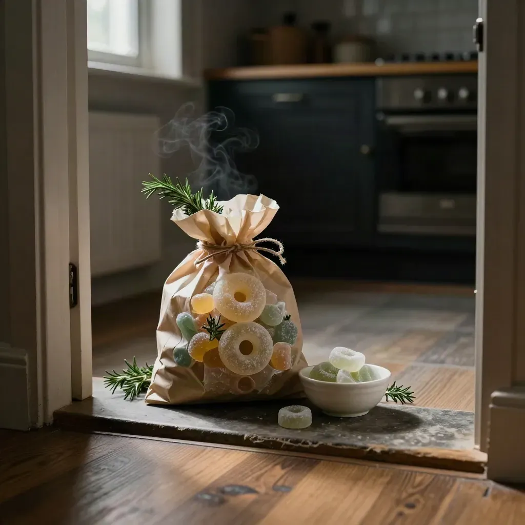 Vegan cadeauzak met fruitgummies en zure ringen naast kruiden in een warme keuken.
