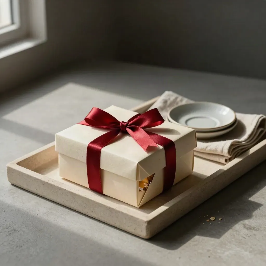 Open cadeaudoos met snoep, rood lint, linnen doek en keramisch schaaltje op steen.