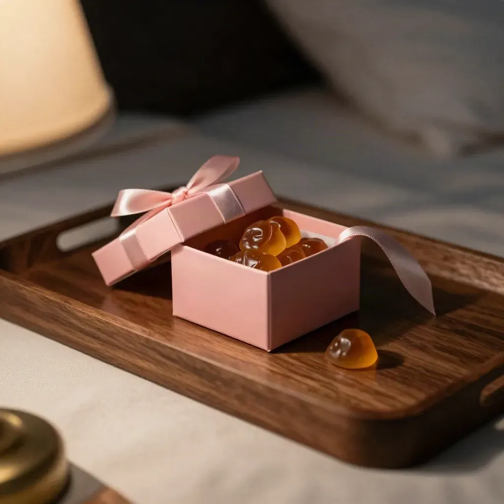 Roze cadeaubox met snoepjes op een nachtblad, half open met één snoepje ernaast.