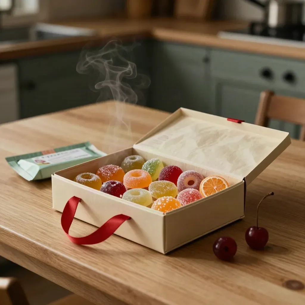 Open halal snoepdoos op een keukentafel in ochtendlicht, met fruitgums en zachte stoom ernaast.