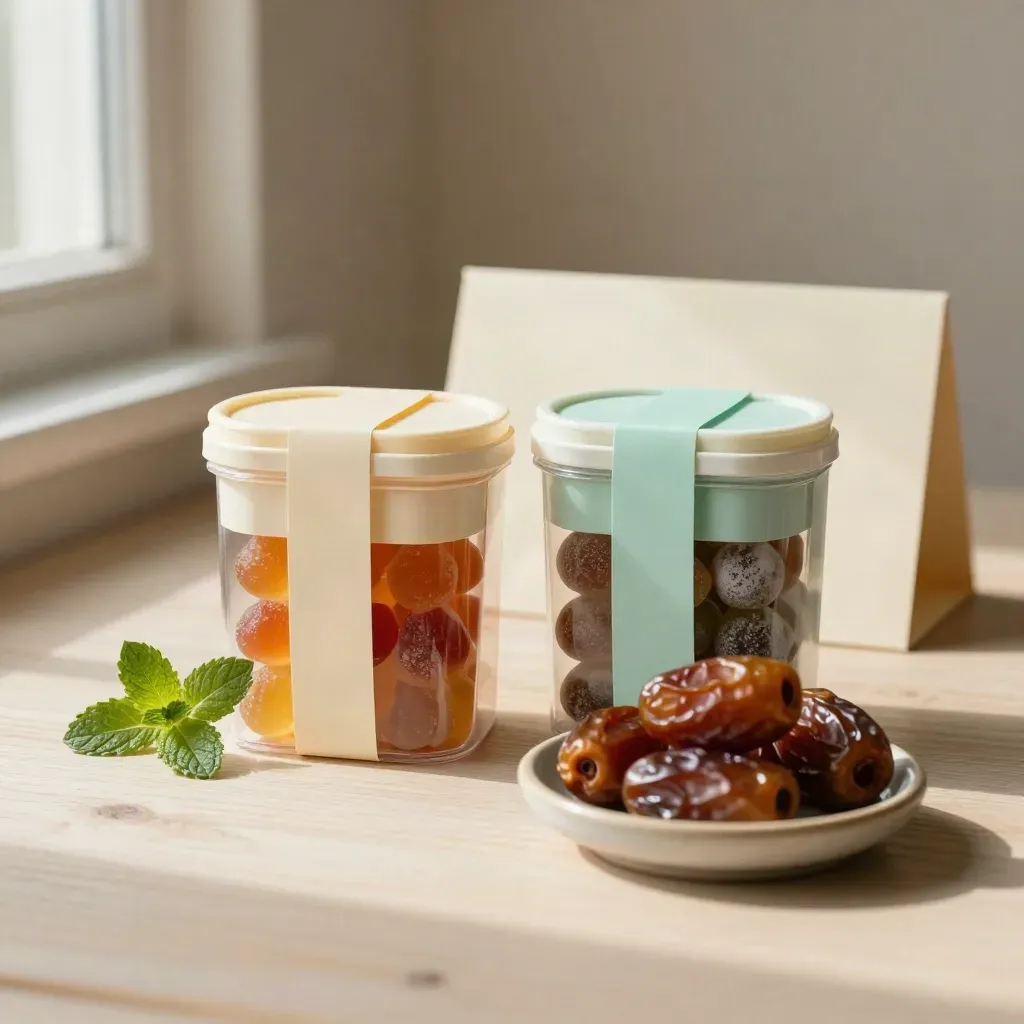Twee vegan- en halal-snoepboxen met munt en dadels op licht hout.